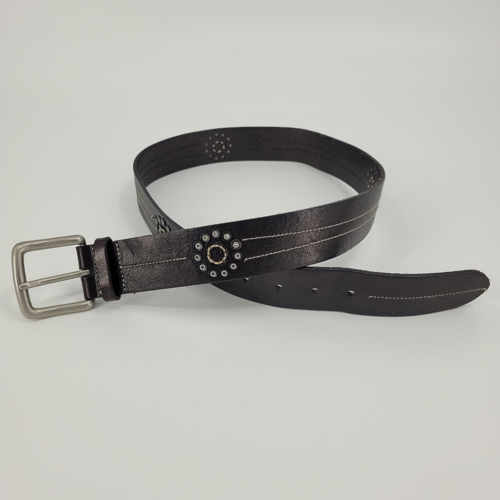 Lauren Ralph Lauren Black Leather Belt Embroidered Brass Buckle Nickel Size L/XL